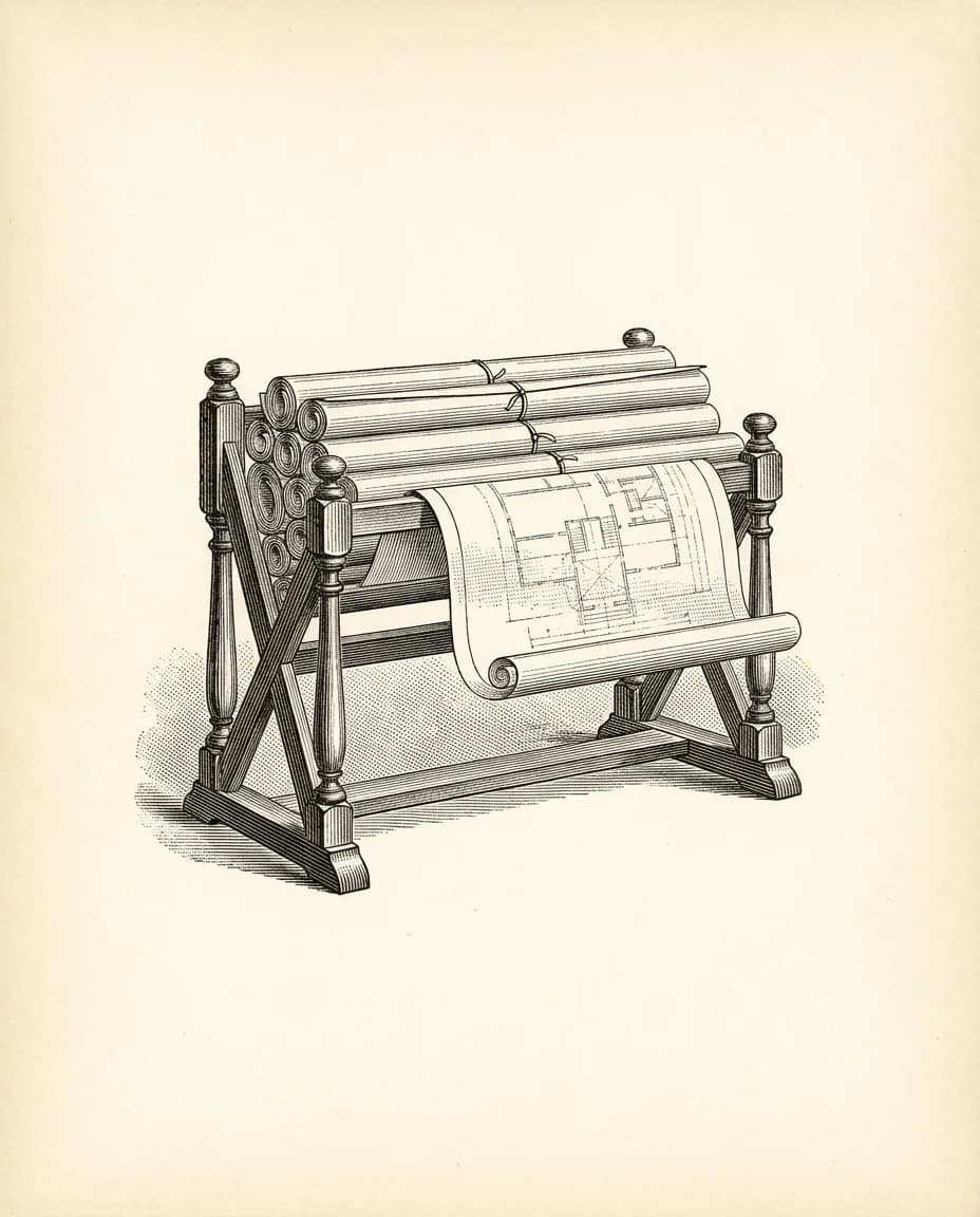Copperplate engraving of a plan rack holding rolled architectural blueprints