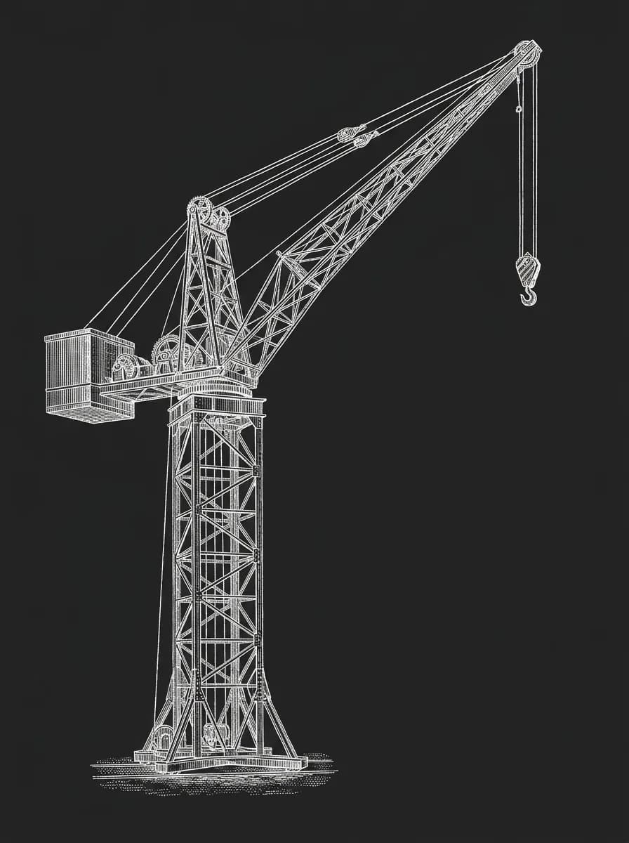 Copperplate engraving of a lattice-boom tower crane