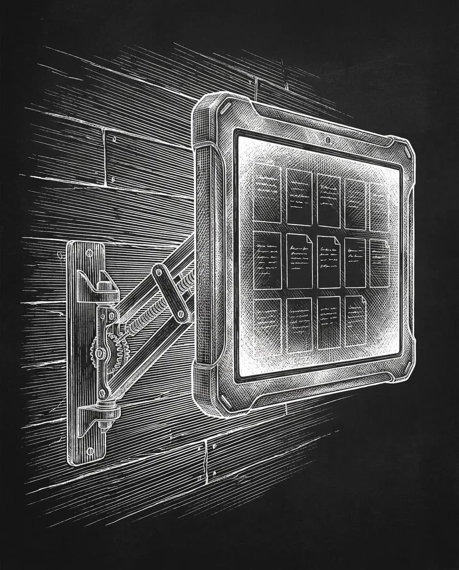 Copperplate engraving of a wall-mounted job board on an articulated arm