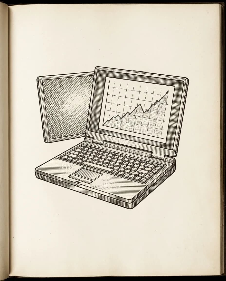 Copperplate engraving of an open laptop showing a rising line chart