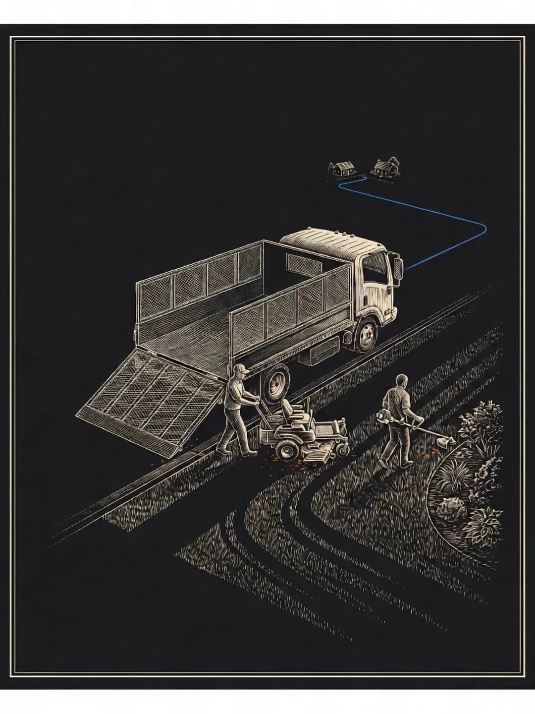 Living copperplate engraving of a landscape truck with its ramp down while a crew unloads a mower and trims a route property