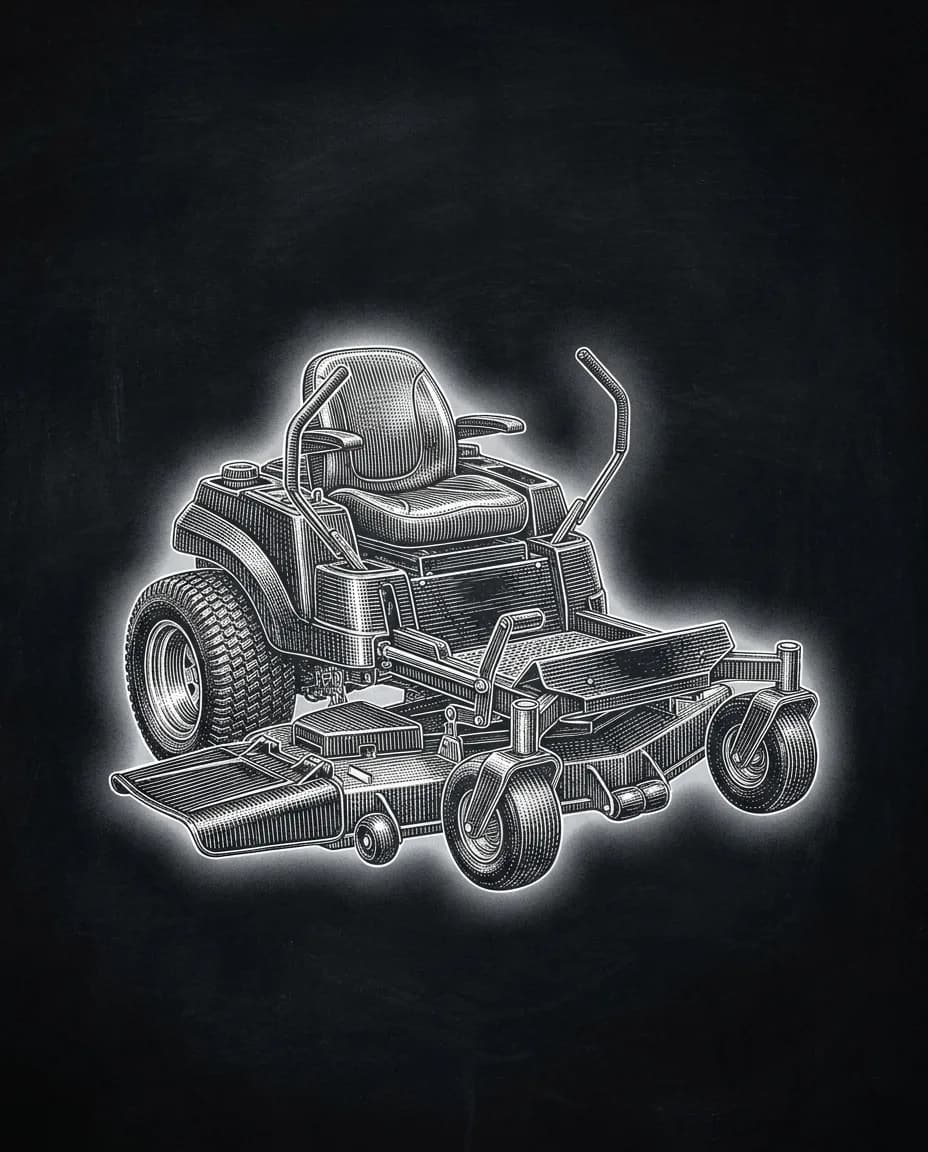 Copperplate engraving of a commercial zero-turn mower