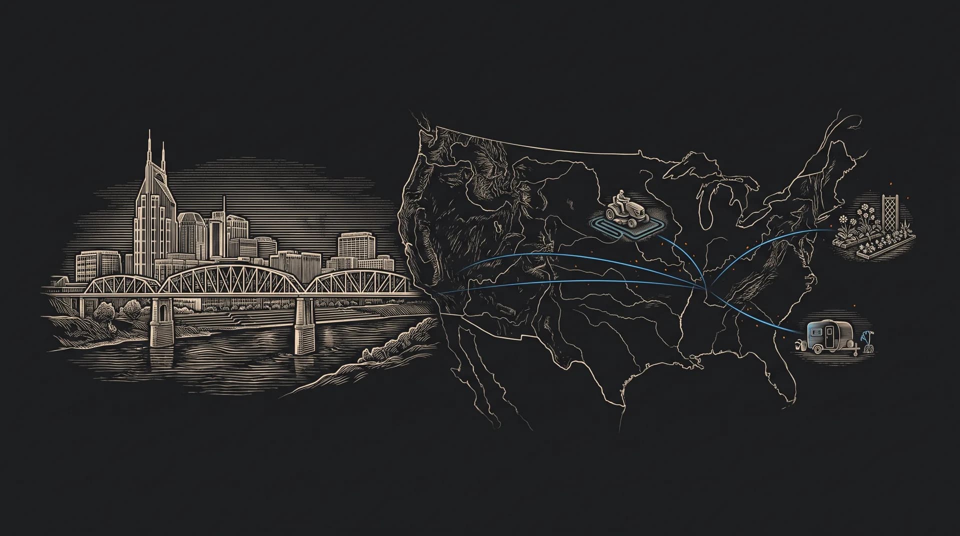 Copperplate engraving of the Nashville skyline connected by fine blue lines to landscaping operations across the United States