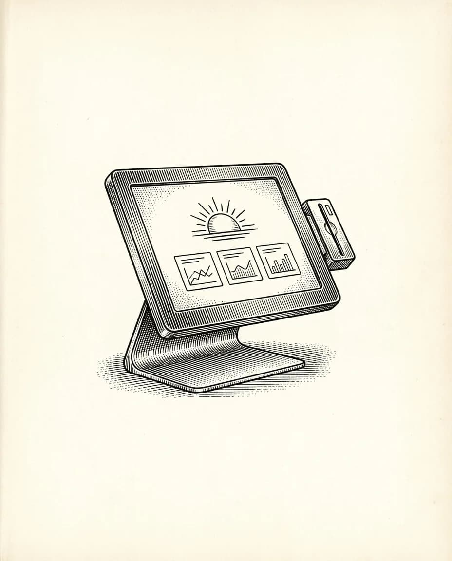 Copperplate engraving of a point-of-sale terminal showing a sunrise