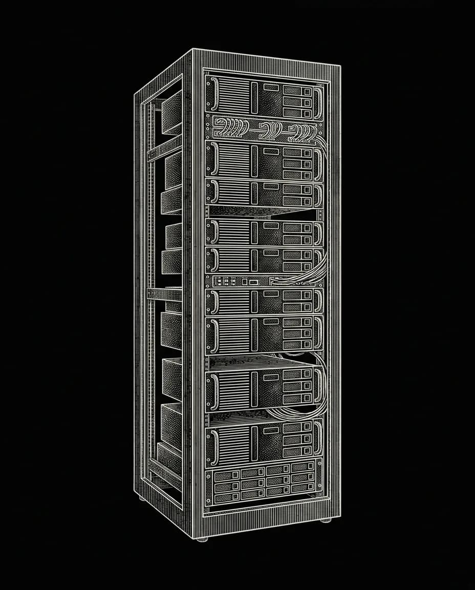 Copperplate engraving of a server rack cabinet