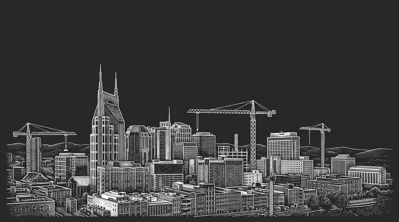 Copperplate engraving of the Nashville skyline with tower cranes rising between buildings