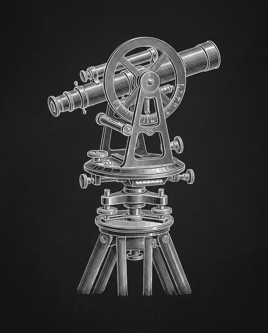 Copperplate engraving of a surveyor's transit on a wooden tripod