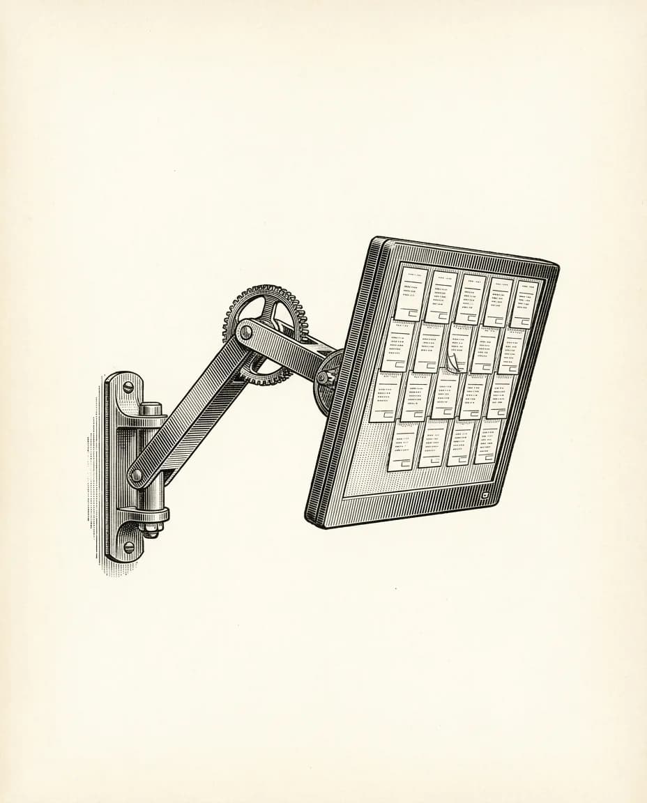 Copperplate engraving of a wall-mounted display showing ticket cards